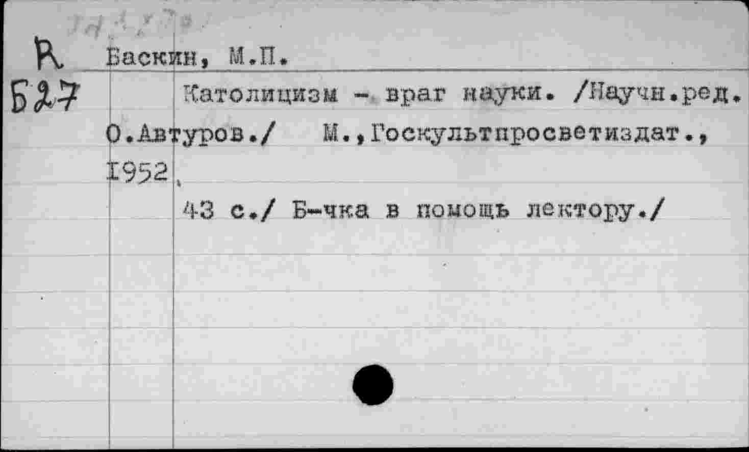 ﻿Баскин, М.П.________________________
Католицизм - враг науки. /Научи.ред
О.Автуров./	М.,Госкулыпросветиздат.,
1952,
43 с./ Б-чка в помощь лектору./